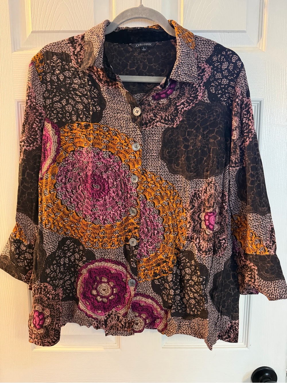 John Mark Button-Front Shirt with Purple & Gold Medallions
